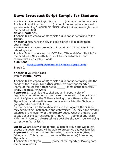 news flash example|News Broadcast Script Sample for students .